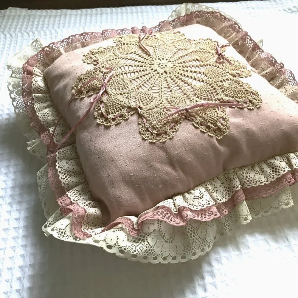 Vintage Shabby Chic Accent Pillow Pink Ivory Lace